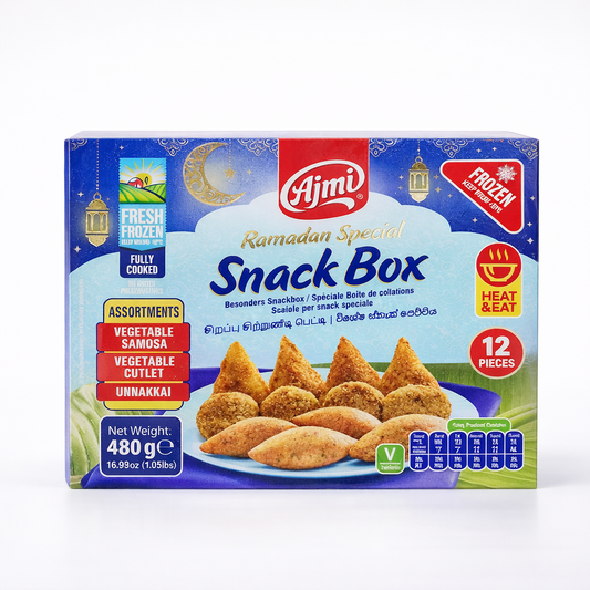 Ajmi Ramadan Special Snack Box, featuring a 480g assortment of 12 fully cooked, "Heat & Eat" frozen treats including Vegetable Samosas, Vegetable Cutlets, and Unnakkai, is available for purchase at theindianshelf.co.uk.