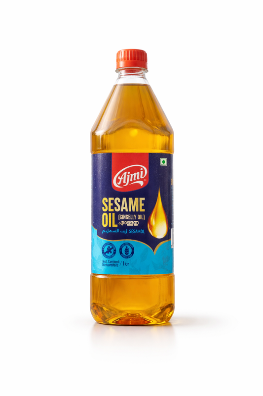 Ajmi Sesame Oil
This is a 1-liter bottle of Sesame Oil (also known as Gingelly Oil or Enna) from the brand Ajmi. Known for its distinct nutty aroma and high smoke point, this oil is a staple in South Indian cooking, particularly for tempering spices, making authentic pickles, and enhancing the flavor of traditional gravies.This product is available in the UK at theindianshelf.co.uk.