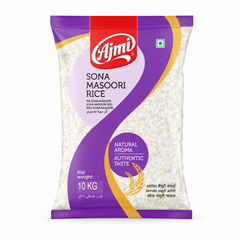 A 10 KG purple, white, and red pouch of Ajmi Sona Masoori Rice showing clear curved sections filled with raw white grains, centered perfectly against a solid white background. Available in the UK at theindianshelf.co.uk.