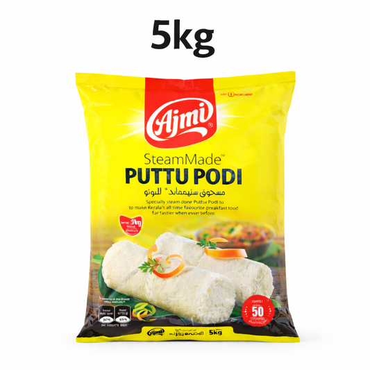 Ajmi SteamMade Puttu Podi (Rice Flour for Puttu) 5kg pack, featuring "EXTRA SOFTNESS" for a superior texture and a note that it "MAKES 10 PUTTU," is an authentic South Indian convenience product. The bright yellow and red packaging displays two perfectly steamed puttu cylinders and is available for purchase at theindianshelf.co.uk.