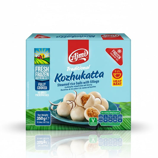 Ajmi Traditional Kozhukatta 350g pack, featuring fully cooked steamed rice balls with sweet fillings, is available for purchase at theindianshelf.co.uk.