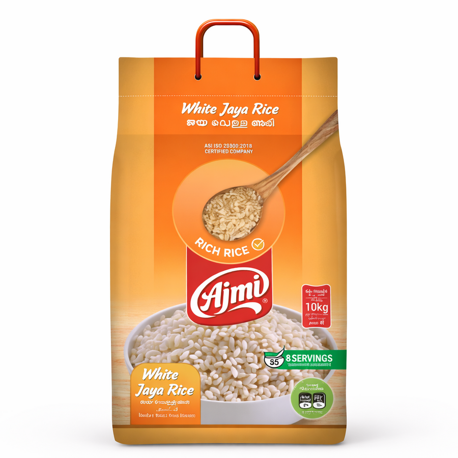 Ajmi White Jaya Rice 10kg bag, featuring premium quality rich rice perfect for various traditional dishes, is available for purchase at theindianshelf.co.uk.