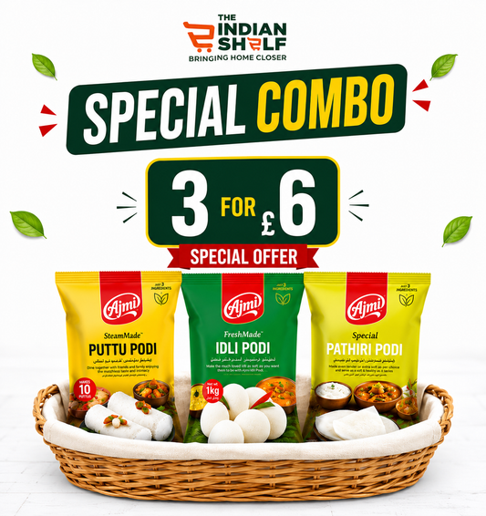 A promotional banner for The Indian Shelf advertising an Ajmi flour special combo set against a clean white background decorated with floating green leaves. The top features the orange and green logo for "THE INDIAN SHELF" above a large dark green banner reading "SPECIAL COMBO". A central black rectangular sign with a green border highlights a special offer: "3 FOR £6". This products are available in the UK at theindianshelf.co.uk.