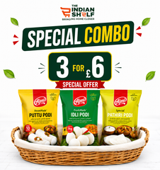 A promotional banner for The Indian Shelf advertising an Ajmi flour special combo set against a clean white background decorated with floating green leaves. The top features the orange and green logo for "THE INDIAN SHELF" above a large dark green banner reading "SPECIAL COMBO". A central black rectangular sign with a green border highlights a special offer: "3 FOR £6". This products are available in the UK at theindianshelf.co.uk.