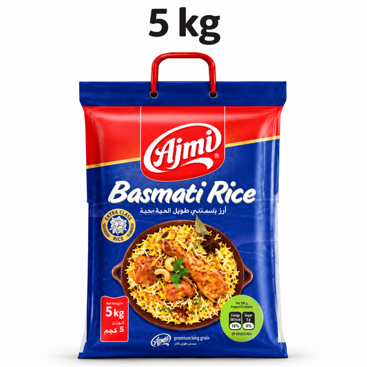 A professional studio shot of a 5 kg bag of Ajmi Basmati Rice. The packaging features a vibrant red top section with a sturdy red handle and a deep royal blue lower section. The "Ajmi" logo is set in a bold red oval, with "Basmati Rice" printed prominently in white script below. A central circular image displays a rich, colorful chicken biryani garnished with cashews, star anise, and fresh cilantro.This product is available in the UK at theindianshelf.co.uk.