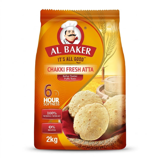 Al Baker Chakki Fresh Atta
Experience the traditional taste of stone-ground flour with Al Baker Chakki Fresh Atta. This 2kg pack is made from 100% whole wheat and contains 0% maida, ensuring you get the full nutritional benefits of the grain. It is specifically processed to deliver "6 Hour Softness," keeping your rotis and phulkas soft, tasty, and puffy long after they are cooked.
This product is available in the UK at theindianshelf.co.uk.