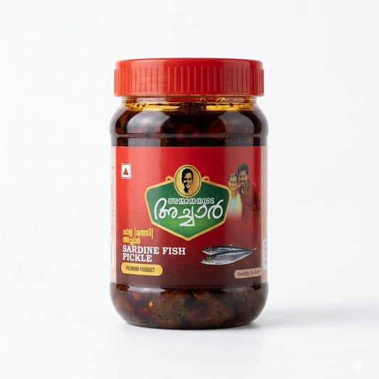 Ammayude Achar Sardine Fish Pickle
Experience the authentic, bold flavors of Kerala with Ammayude Achar Sardine Fish Pickle. This premium, Ready-to-Eat pickle is crafted using fresh sardines and a traditional blend of spicy, tangy coastal aromatics. It serves as the perfect savory accompaniment to rice, paratha, or even as a zesty addition to a simple meal.
This product is available in the UK at theindianshelf.co.uk.
