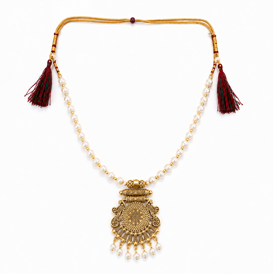 An antique gold-plated choker necklace featuring a single strand of white pearls and a large, intricate circular pendant with dangling mini pearls, displayed centered against a solid white background. Available in the UK at theindianshelf.co.uk.