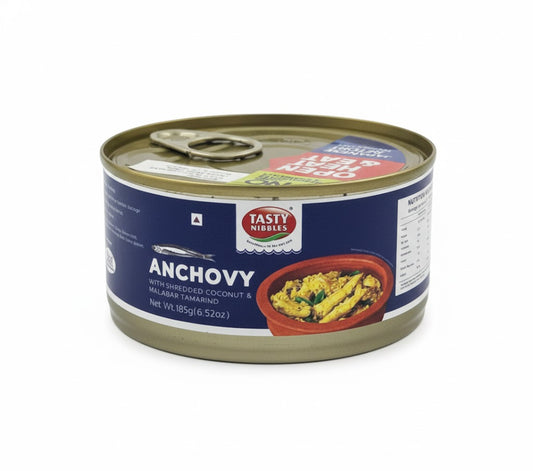 Tasty Nibbles Anchovy with Shredded Coconut and Malabar Tamarind 185g canned product is available from theindianshelf.co.uk.