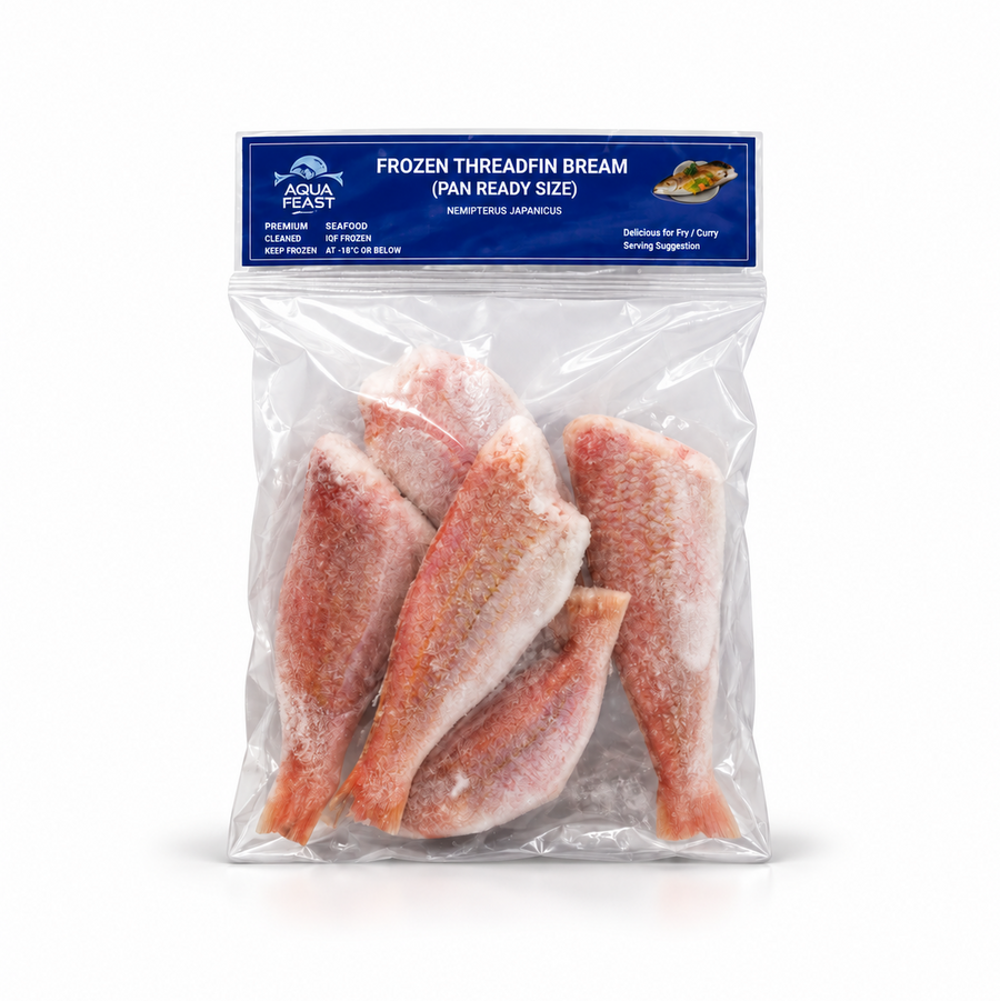 A 600g clear frozen pouch of Aqua Feast Frozen Threadfin Bream featuring a blue header label and visible cleaned fish pieces, centered on a solid white background. Available in the UK at theindianshelf.co.uk.