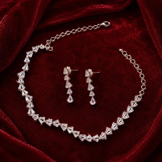 Sparkling Cubic Zirconia Choker Necklace & Drop Earrings Jewelry Set
