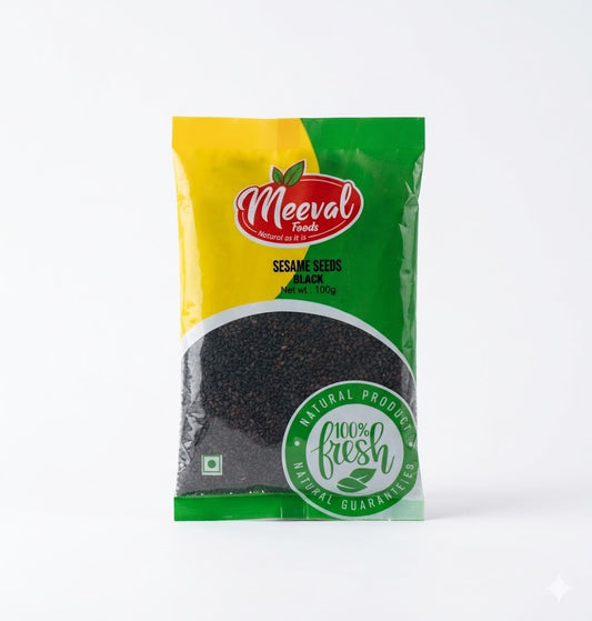 This is a 100g pack of Black Sesame Seeds from the brand Meeval Foods. These seeds are known for their deep, nutty aroma and rich flavor, making them a popular choice for garnishing breads, seasoning stir-fries, or creating traditional sweets and health tonics. The product is guaranteed to be 100% fresh and is a natural, vegetarian-friendly ingredient.This product is available in the UK at theindianshelf.co.uk.