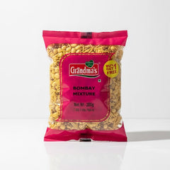 The image shows a 200g pack of Grandma's Bombay Mixture, a savory snack featuring a buy one get one free offer, available from theindianshelf.co.uk.