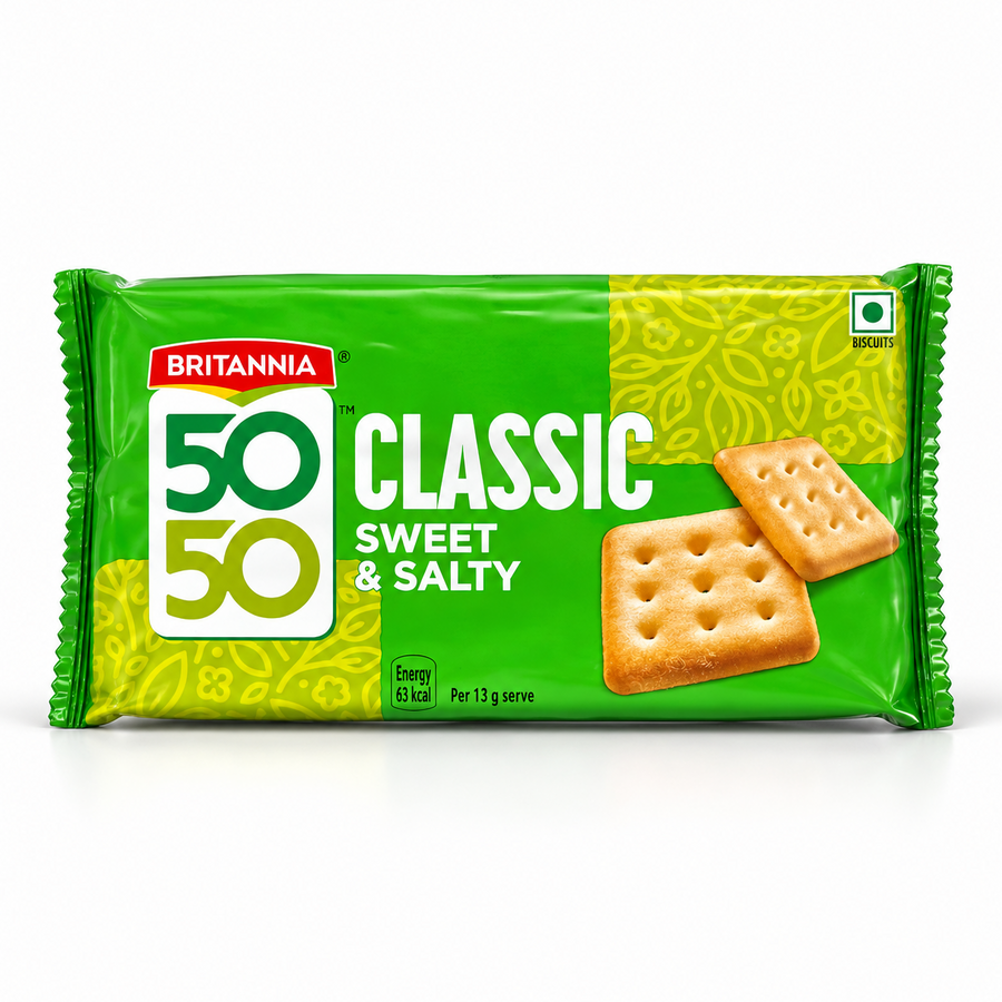 A green promotional packet of Britannia 50-50 Classic Sweet and Salty Biscuits featuring golden-baked crackers with perforation dots. Available in the UK at theindianshelf.co.uk.
