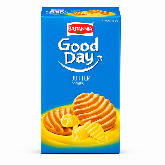 A professional studio shot of the Britannia Good Day Butter Cookies box. The packaging is a vibrant sky blue with the iconic red and white "Britannia" logo at the top center. The bold white "Good Day" text features the signature smile graphic underneath it. A central graphic at the bottom shows two golden-brown ridged butter cookies alongside stylized curls of fresh butter on a warm yellow background. This product is available in the UK at theindianshelf.co.uk.