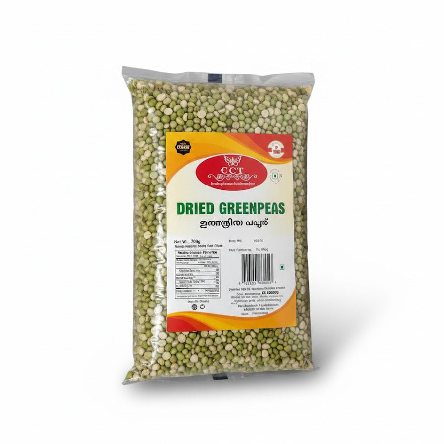 CCT Dried Greenpeas 700g bag, featuring high-quality legumes for authentic traditional Indian cooking, is available for purchase at theindianshelf.co.uk.