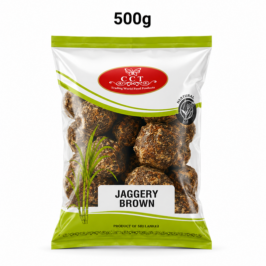 A 500g transparent and light green pouch of CCT Jaggery Brown showing dark golden-brown round jaggery balls through the clear package window, centered against a solid white background.