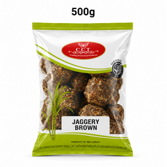 A 500g transparent and light green pouch of CCT Jaggery Brown showing dark golden-brown round jaggery balls through the clear package window, centered against a solid white background.