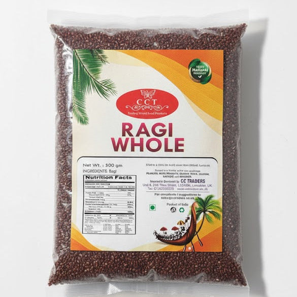 CCT Ragi Whole 500g bag, a nutrient-dense and gluten-free grain perfect for traditional healthy meals, is available for purchase at theindianshelf.co.uk.