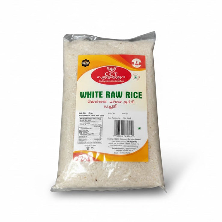 CCT White Raw Rice 2kg bag, featuring high-quality grains for authentic traditional meals, is available for purchase at theindianshelf.co.uk.
