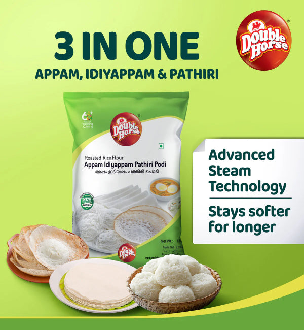 Double Horse Roasted Rice Flour – Appam, Idiyappam & Pathiri Podi (3-in-1) – 1kg + 200g FREE