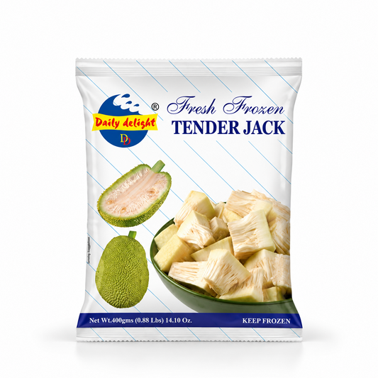 A 400g retail pouch of Daily Delight Fresh Frozen Tender Jack featuring product branding and fresh jackfruit imagery, centered on a solid white background. Available in the UK at theindianshelf.co.uk.