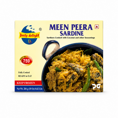 A professional studio product shot of a square cardboard box for Daily Delight Meen Peera Sardine against a clean white background. The left half features a pale yellow background displaying the blue-and-yellow "Daily Delight" logo, an oval red "759" stamp, and "Fully Cooked READY to EAT" text indicators above a red "KEEP FROZEN" bar. The right half features the bold blue heading "MEEN PEERA SARDINE" This product is available in the UK at theindianshelf.co.uk.