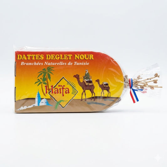 A box of Haïfa Dattes Deglet Nour (Branchées Naturelles de Tunisie), featuring premium natural dates on the branch from Tunisia, is available for purchase at theindianshelf.co.uk.