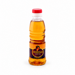 A bottle of Dheepam Lamp Oil blend of 5 oils with a red cap, centered on a solid white background. Available in the UK at theindianshelf.co.uk.