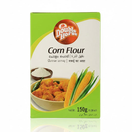 Double Horse Corn Flour 150g pack, ideal for thickening sauces and making crispy coatings, is available for purchase from theindianshelf.co.uk.