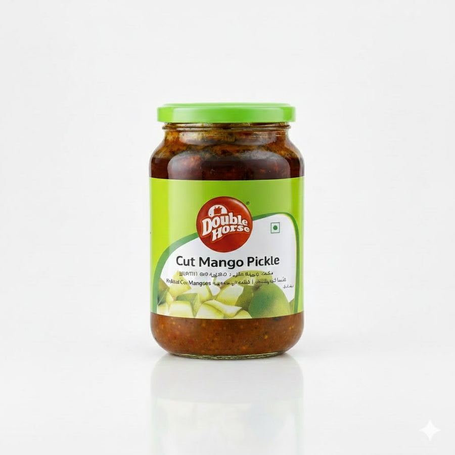 Double Horse Cut Mango Pickle 400g glass jar, featuring authentic spiced mangoes for traditional meals, is available for purchase at theindianshelf.co.uk.