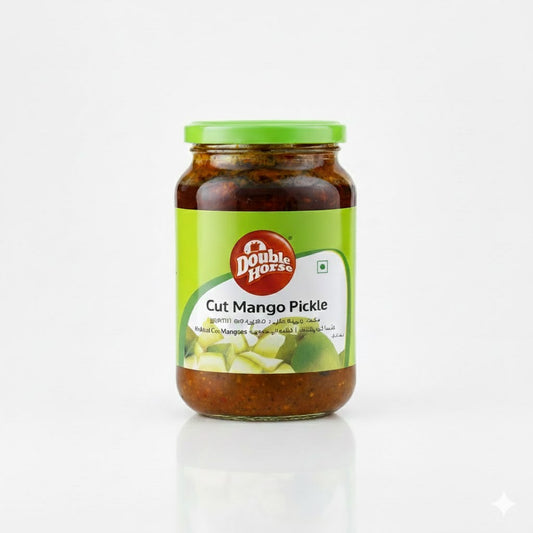Double Horse Cut Mango Pickle 400g glass jar, featuring authentic spiced mangoes for traditional meals, is available for purchase at theindianshelf.co.uk.