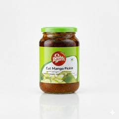 Double Horse Cut Mango Pickle 400g glass jar, featuring authentic spiced mangoes for traditional meals, is available for purchase at theindianshelf.co.uk.