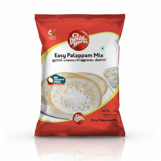 Double Horse Easy Palappam Mix 1 kg pack, used for making traditional rice pancakes with no coconut milk required, is available from theindianshelf.co.uk.