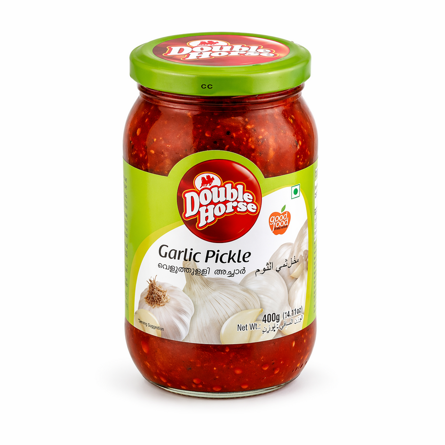 A professional studio shot of a 400g jar of Double Horse Garlic Pickle. The glass jar is filled with whole garlic cloves immersed in a rich, red-colored spiced oil base. The label is bright green and white, featuring the prominent red and white "Double Horse" logo. The words "Garlic Pickle" are clearly printed in black An illustration of fresh white garlic bulbs is visible at the bottom of the label. This product is available in the UK at theindianshelf.co.uk.