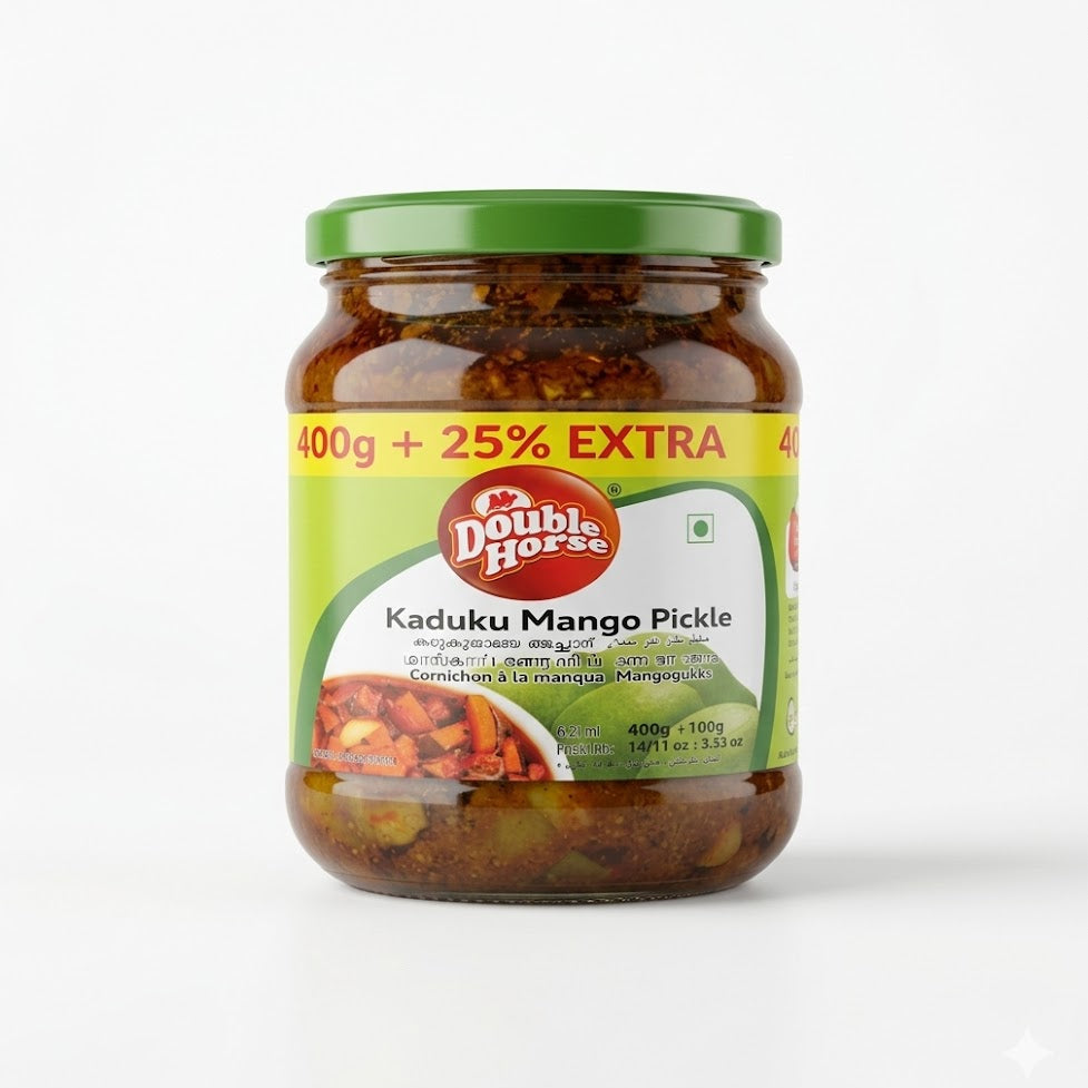 A jar of Double Horse Kaduku Mango Pickle, now in a 400g + 25% EXTRA promotional pack (totaling 500g), is available for purchase at theindianshelf.co.uk. This traditional spicy condiment features green mangoes and mustard seeds, providing a tangy burst of flavor to accompany rice, parathas, or snacks.