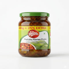 A jar of Double Horse Kaduku Mango Pickle, now in a 400g + 25% EXTRA promotional pack (totaling 500g), is available for purchase at theindianshelf.co.uk. This traditional spicy condiment features green mangoes and mustard seeds, providing a tangy burst of flavor to accompany rice, parathas, or snacks.