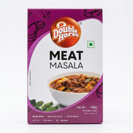 A 140g (4.93 oz) box of Double Horse Meat Masala, featuring a flavorful blend of traditional spices perfect for authentic meat preparations, is available for purchase at theindianshelf.co.uk.