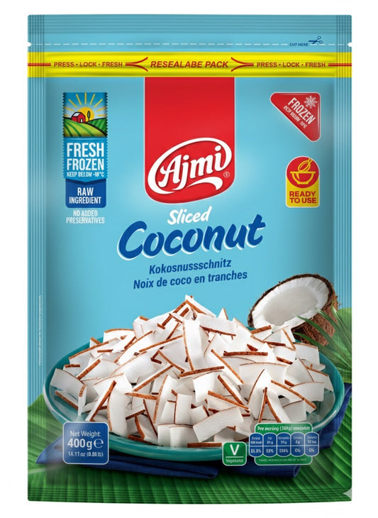 Sliced Coconut 400g by Ajmi by The Indian Shelf – Cooking & Baking Ingredients, Kerala special food product, for customers in the UK