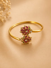 Gold-Plated Peacock Paisley Open-Cuff Bangle with Ruby & CZ Stones