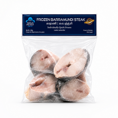 A studio product shot of a clear plastic bag containing four frozen Barramundi fish steaks against a solid white background. The top of the resealable packet features a dark blue header label branded with the "AQUA FEAST" logo, the text "FROZEN BARRAMUNDI STEAK", and product weight specifications. Available in the UK at theindianshelf.co.uk.