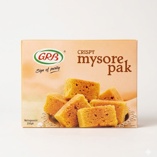 A  200g box of GRB Crispy Mysore Pak, a traditional Indian sweet, available at theindianshelf.co.uk.