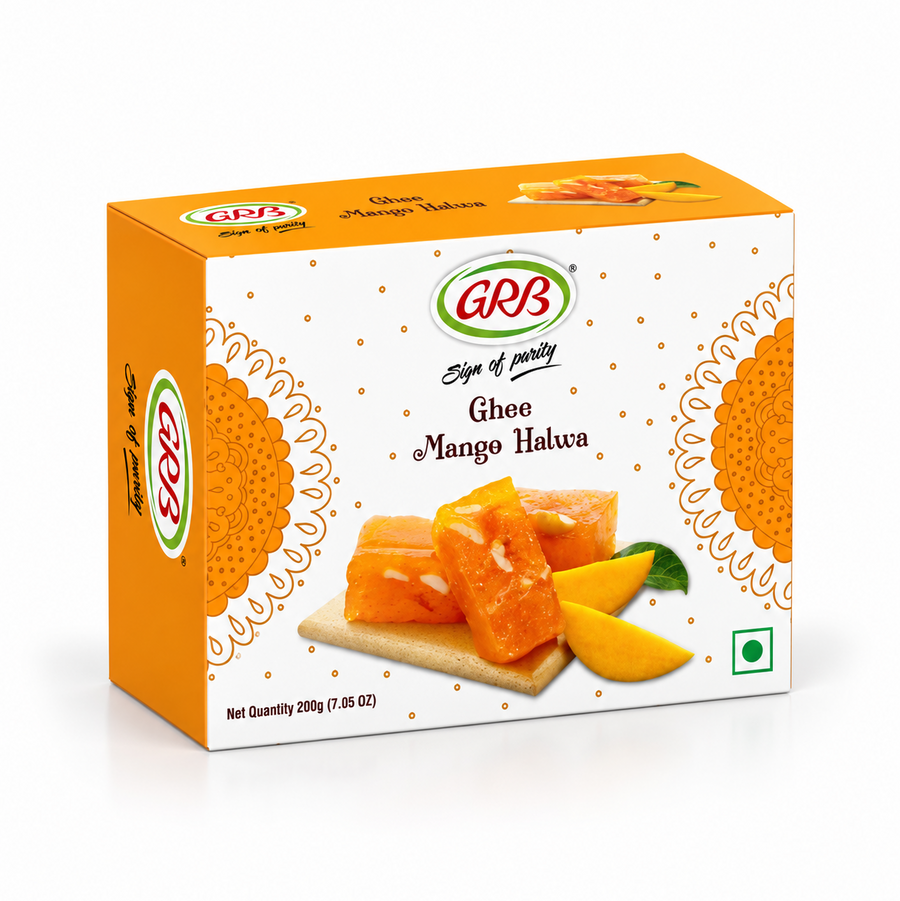 A 200g orange and white retail box of GRB Ghee Mango Halwa featuring brand logos and sliced halwa with fresh mangoes, centered on a solid white background. Available in the UK at theindianshelf.co.uk.