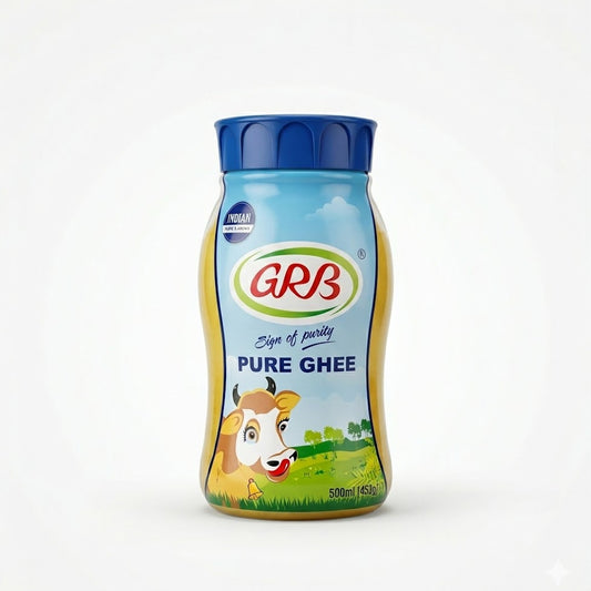 A jar of GRB Pure Ghee 500ml (16.9 fl oz), featuring "The Sign of Purity" clarified butter with a traditional Indian taste and aroma, is available for purchase at theindianshelf.co.uk.