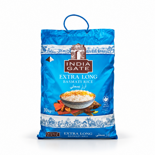 A 10 kg vibrant blue retail bag of India Gate Extra Long Basmati Rice featuring product branding, a carrying handle, and a serving bowl visual, centered on a solid white background. Available in the UK at theindianshelf.co.uk.