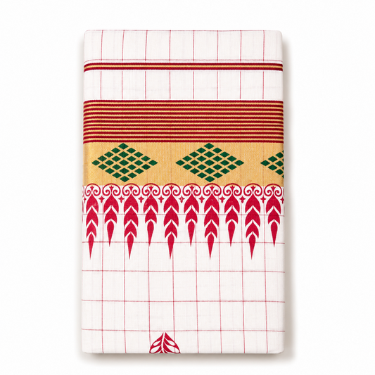 A neatly folded off-white tissue saree centered on a solid white background, featuring fine red grid check patterns, a wide golden kasavu border woven with green diamond geometric motifs, red and gold striped bands, and a bold crimson red temple motif fringe. Available in the UK at theindianshelf.co.uk.