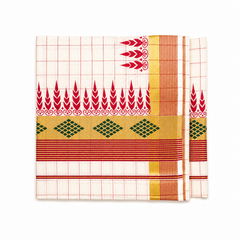 A neatly square-folded off-white tissue saree centered on a solid white background, displaying red grid check patterns, a golden kasavu border woven with green diamond motifs, fine red and gold striped bands, and crimson red temple fringe artwork. Available in the UK at theindianshelf.co.uk.