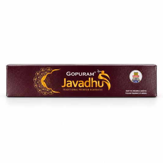 A horizontal luxury box of Gopuram Javadhu Traditional Premium Agarbathi in deep maroon and gold, centered on a solid white background. Available in the UK at theindianshelf.co.uk.
