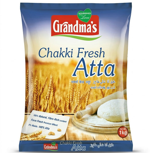 Grandma's Chakki Fresh Atta
Experience the wholesome goodness of Grandma's Chakki Fresh Atta. This 1kg pack is made from 100% farm-fresh premium wheat, stone-ground to preserve its natural nutrients and fiber for soft, healthy rotis. Available in the UK at theindianshelf.co.uk.