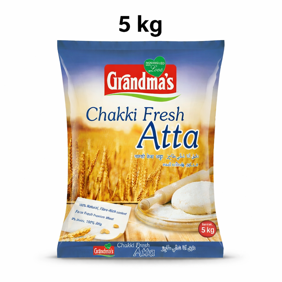 Grandma's Chakki Fresh Atta (5kg)
Experience the wholesome goodness of Grandma's Chakki Fresh Atta in a convenient 5kg value pack. Made from 100% farm-fresh premium wheat and traditionally stone-ground, this flour ensures your family enjoys nutritious, soft rotis every day.This product is available in the UK at theindianshelf.co.uk.